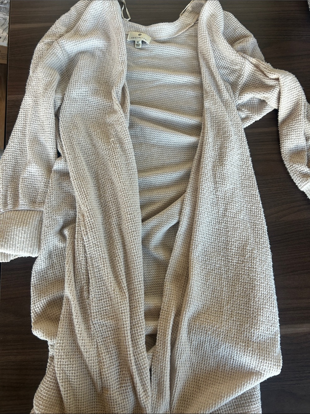 Socialite Light Beige Open-Front Waffle Knit Cardigan